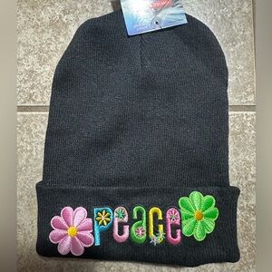 Custom Peace Beanie - Black with Pink, Green, Yellow Accents